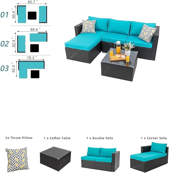 3 Piece Outdoor Patio Conversation Sofa Set PE Rattan Patio Furniture Set Patio Sectional Sofa with Detachable Glass Coffee Table