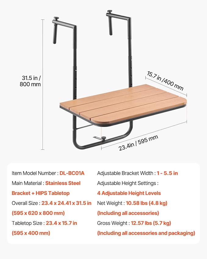 VEVOR Balcony Hanging Table, 23 x 16 inch, Outdoor Balcony Bar Table for Railings, 4-Level Adjustable, Fit Railing from 1" to 5.5", Serving Table for Patio & Deck