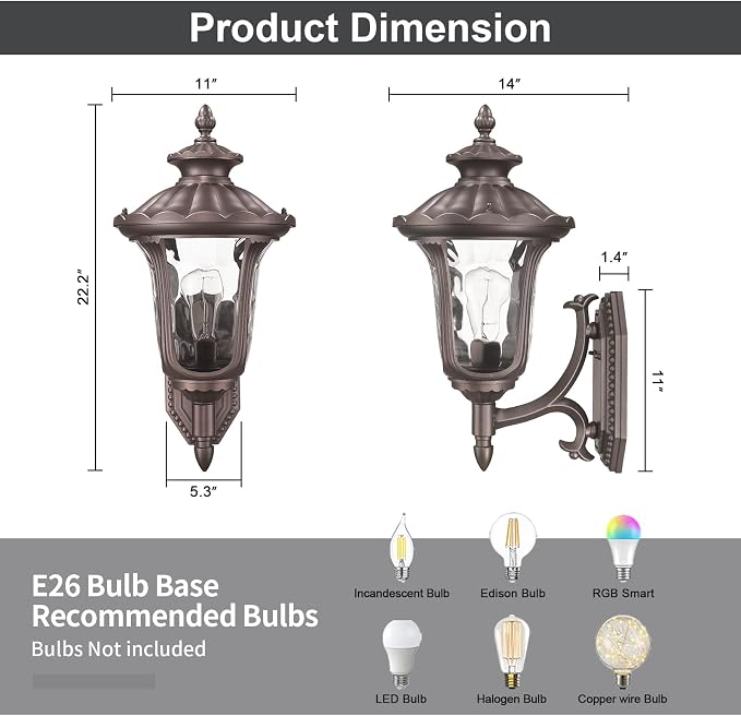 Outdoor Wall Light Fixtures Mount, Waterproof Exterior Wall Lanterns with Water Ripple Glass, Outside Sconces, Front Porch Lights for House Garage Doorway Patio, 22'' Large Oil-Rubbed Bronze