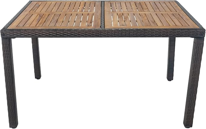 7 Piece Outdoor Patio Furniture Dining Set, Rattan Conversation Set with Acacia Wood Table Top, Widened Armrests and 6 Soft Cushion Chairs for Backyard, Garden