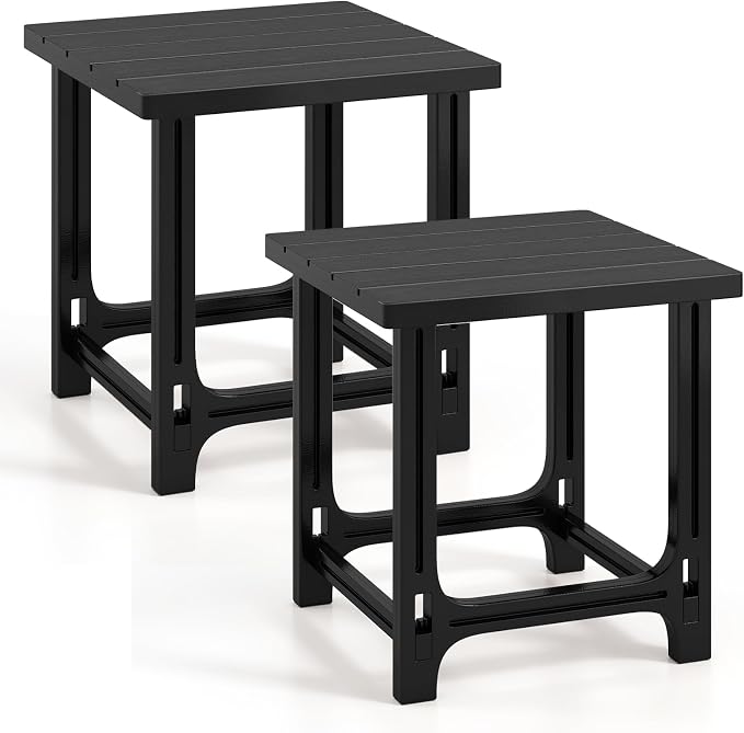 Tangkula Outdoor Adirondack Side Table Set of 2, 18" Heavy Duty HDPE Patio End Table with Slatted Surface, 0-Screw Assembly, Easy Maintenance, Small Side Table for Porch, Pool, Garden, Deck (Black, 2)