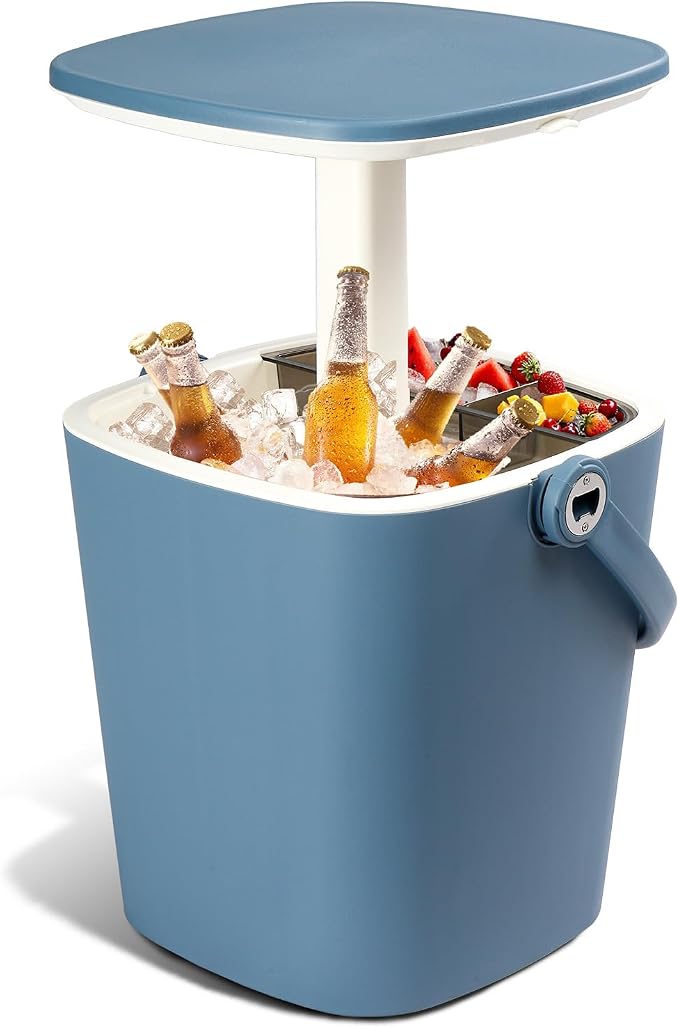 VINGLI Outdoor Cooler Table, 4 Gallon Portable Patio Cooler Side Table with Handle, Bottle Opener and Lift Top Lid, All-Weather Resistant for Camping, Picnic, Beach, Pool, Party