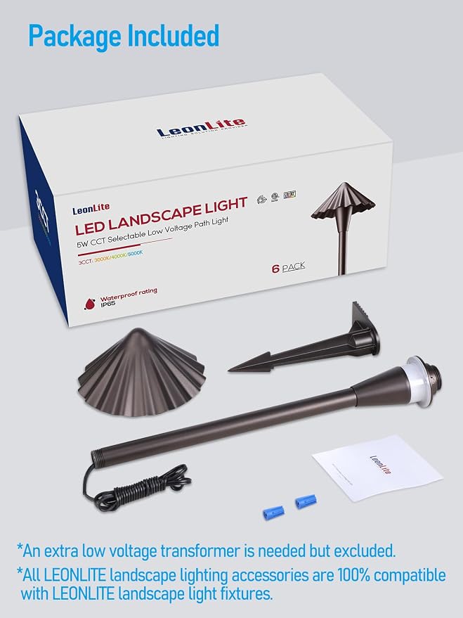 LEONLITE 6-Pack 3CCT Low Voltage LED Pathway Lights, Ruffles Head | 12-24V AC/DC, IP65, LED Landscape Path Lights, for Walkway Yard Garden, 3000K/4000K/5000K, Oil Rubbed Bronze, Aluminum