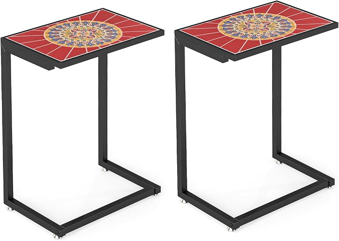 Tangkula C-Shaped Outdoor Side Table, w/Ceramic Top & Anti-Rust Metal Frame, Small Patio End Table for Couch, Sofa & Bed, Outdoor & Indoor Accent Furniture for Living Room, Poolside, Balcony (2, Red)