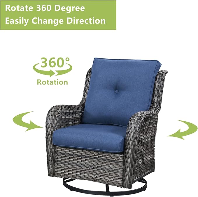 Rilyson Wicker Patio Furniture Set - 5 Piece Rattan Outdoor Sectional Conversation Sets with 2 Swivel Rocking Chairs,2 Ottomans and 1 Side Table for Porch Deck Garden(Mixed Grey/Blue)