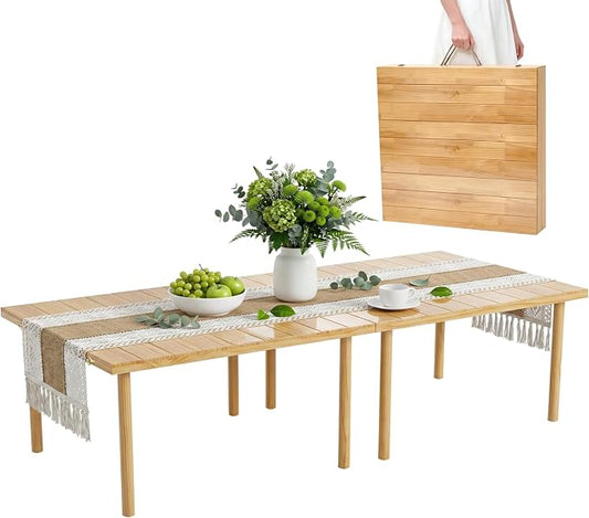 Upgraded Mini Low Wooden Folding Picnic Table with 8-Legs, Thick Varnished Tabletop, 44"×30" Portable Boho Beach Table with Table Runner for Yard, Camping, Indoor & Outdoor (Vertical Stripe)