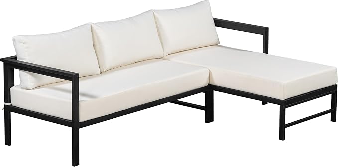 JIVOIT Outdoor L-Shaped Sofa with Iron Frame, Metal Patio Sofa Set with Ultra-Thick Cushions, Comfortable Seating for 3, Ideal for Patio, Balcony and Garden (Beige/35)