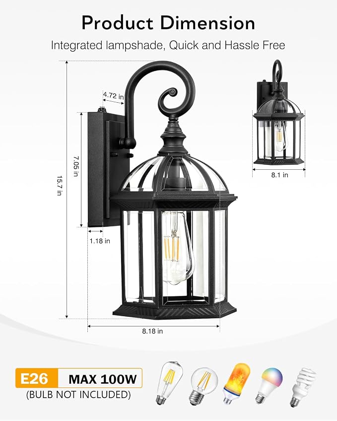 VIANIS 15.7" Large Outdoor Wall Lights, Black Exterior Lighting Fixtures with Tempered Beveled Glass, Anti-Rust Dusk to Dawn Outdoor Lighting for House, Waterproof Outdoor Sconce Lights for Porch