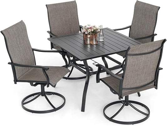 5 PCS Brown Gray Mixture Swivel Chairs, 35" Square Table Outdoor Dining Set | High Back, Retro Armrest, Textilene Fabric, All Weather, Rocking, Swivel Chairs, 35'' Square Table, Metal Top and Frame