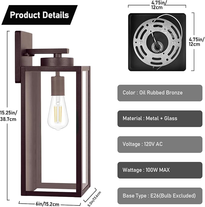 BesLowe 15’’ Large Outdoor Wall Lights, Porch Lights Oil-Rubbed Bronze | Waterproof Metal Construction, Rust-resistant, Quick & Easy Installation, Clear Glass Shades & Standard E26 Socket