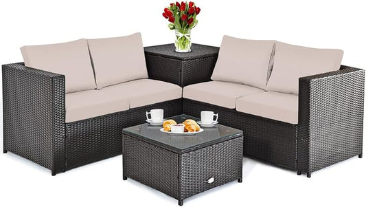 DORTALA 4 Pieces Outdoor Patio Furniture Set, Weather Resistant PE Rattan Conversation Set with 2 Loveseats, Outdoor Sectional Sofa Set with Comfy Cushions for Garden and Poolside, Brown