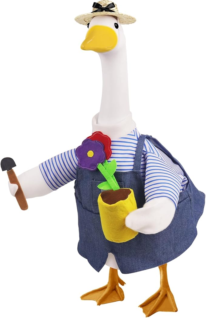 Erythem Gardener Porch Goose Outfits, Cute Spring Porch Goose Clothes with Straw Hat, Shovel & Flower Pot Fits 23" Cement Plastic Geese Statue for Outdoor Garden Yard Decor
