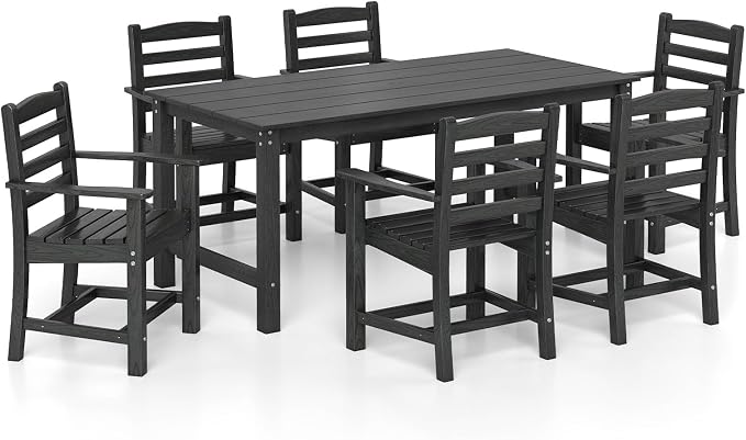 Tangkula 7 Pcs Outdoor Dining Table Set for 6, 67” HDPE Weather-Resistant Patio Rectangle Table & 6 Armchairs w/Curved Seat, Umbrella Hole, Wood Grain, Plastic Dining Furniture (Black, 7 Pcs)