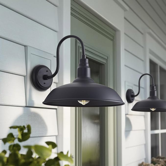 16 Inch Dome Barn Light for Porch, Large Gooseneck Outdoor Light Fixture for Farmhouse, Barn Style Exterior Patio Wall Lights for Garage, Black Outside Wall Sconce for Front Door, House