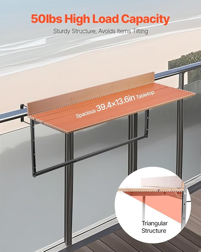 VEVOR Balcony Hanging Table, 39 x 13.6 inch, Outdoor Balcony Bar Table for Railings, 5-Level Adjustable, Fit Railing from 1" to 3.7", Serving Table for Patio & Deck
