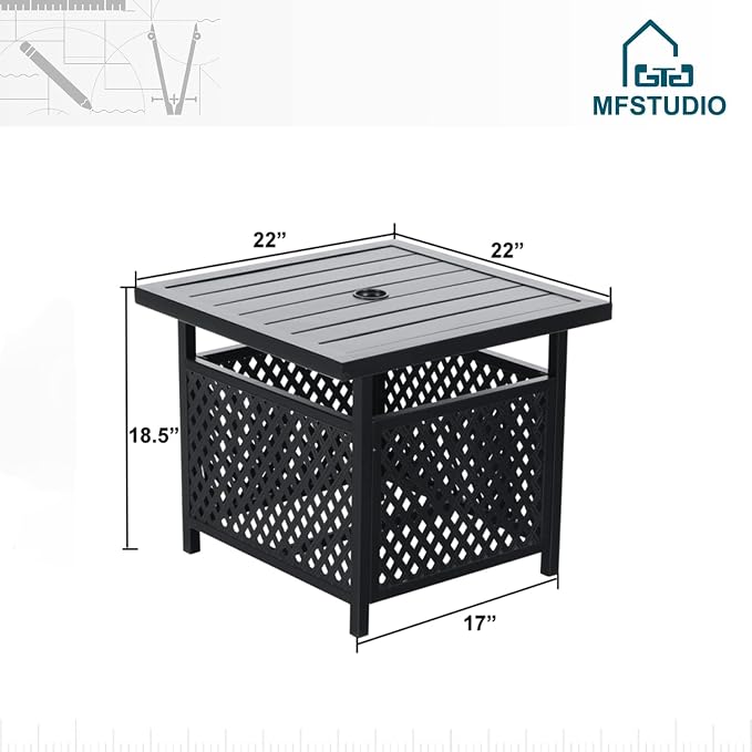 MFSTUDIO 22" Patio Bistro Table, Outdoor Metal Side Table with Umbrella Hole, Square Patio Table for Deck Garden Poolside,Black