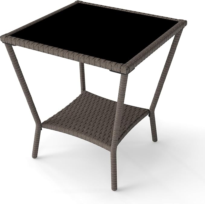 Kinfant Rattan Patio Side Table - Set of 2 Modern Wicker End Table, PE Rattan Coffee Table with Glass Top, Weather-Resistant Patio Furniture for Patio, Balcony, Garden, and Poolside (2, Sesame Brown)