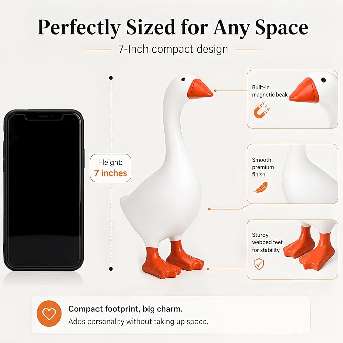 Funny 7 Inch Beak Desk Goose Statue, Cute Mini Porch Goose Figurine, Small Desk Duck with Key Holder Function, Novelty Table Organizer & Gift for Friend Family Colleague Schoolmate.