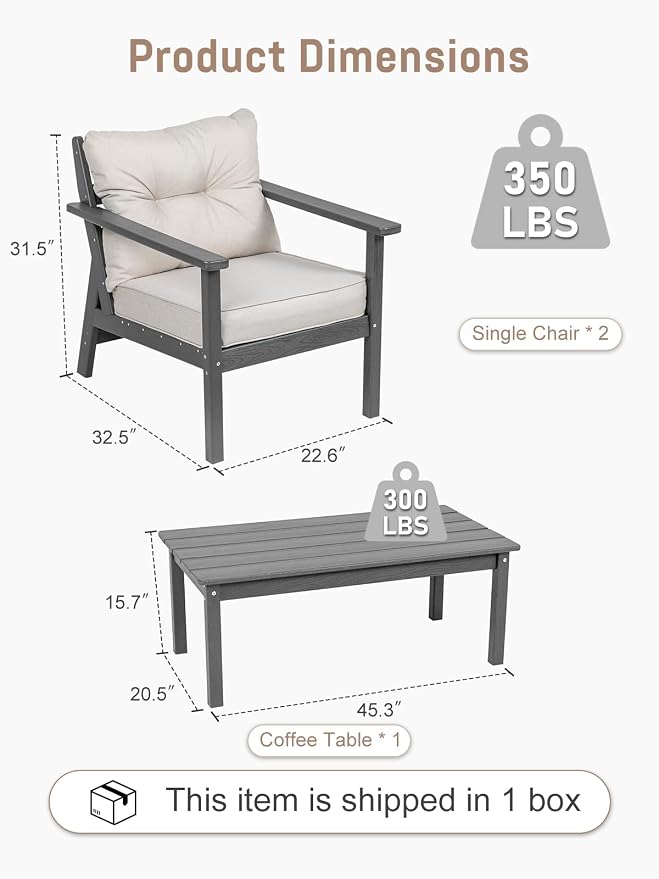 2 Seat HDPE Patio Conversation Set with Coffee Table, Outdoor Chairs Set | Water-Resistant Thick Cushion, HDPE All Weather, Wood-Grain, No Rot or Rust or Crack, UV Fade Shield, Easy-Clean for Outside