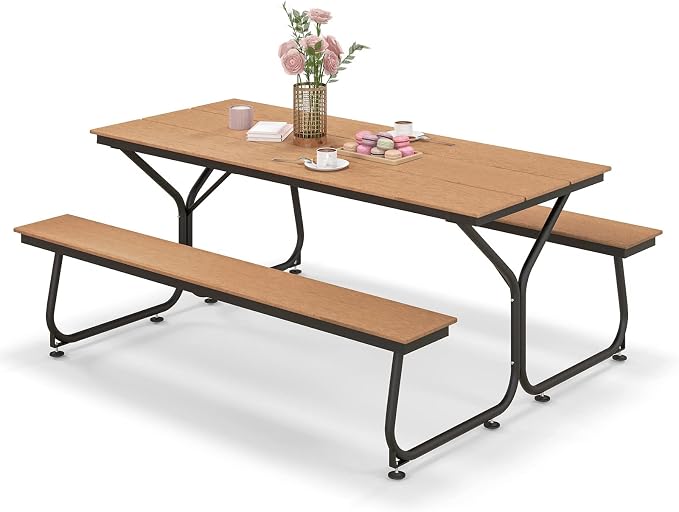 Tangkula 6 Ft HDPE Picnic Table, Plastic Picnic Table with 2 Benches, Umbrella Hole, Heavy-Duty Metal Frame, 8 Adjustable Foot Pads, 6-8 Person Outside Table Bench Set, 2550 lbs Capacity
