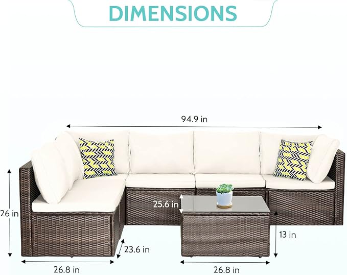 PayLessHere Patio Furniture Set 7 Pieces Outdoor Furniture Wicker Conversation Set Sectional Sofa and Coffee Table Wicker Patio Conversation Sets for Backyard Porch Balcony Poolside,Khaki Cushion