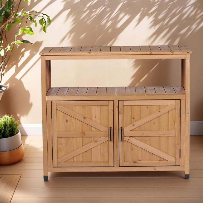 Wooden Outdoor Bar Table with Storage - Weatherproof Patio Cabinet for Deck/Backyard, Multi-Purpose Buffet Sideboard