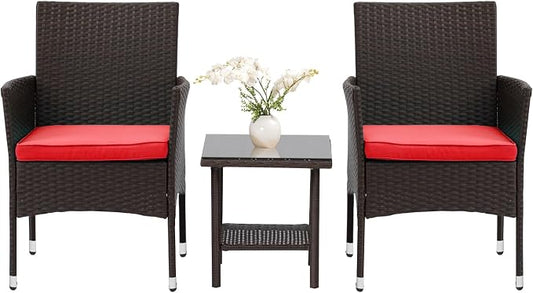 PayLessHere Set of 3 Outdoor Furniture Set Patio Furniture Set Brown Conversation Set with 2 Rattan Chairs Glass Coffee Table for Coffee Bar Poolside Patio Outdoor, Red Cushions