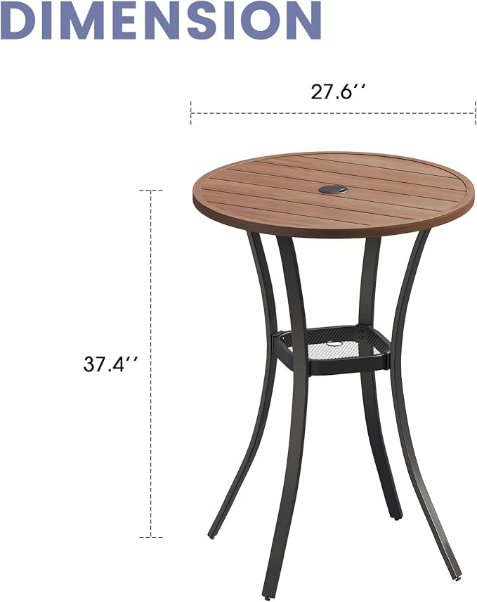 VICLLAX Outdoor Bar Table, 28" Wide Round Patio Bar-Height Table Weather Resistant Metal Slatted Tabletop with Umbrella Hole for Front Porch Deck, Backyard, Walnut