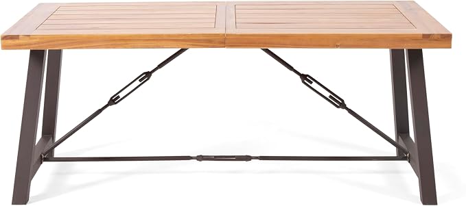 Acacia Wood Outdoor Dining Table Metal Base Teak Color Durable All-Weather Design Ideal for Patio Garden and Backyard Use