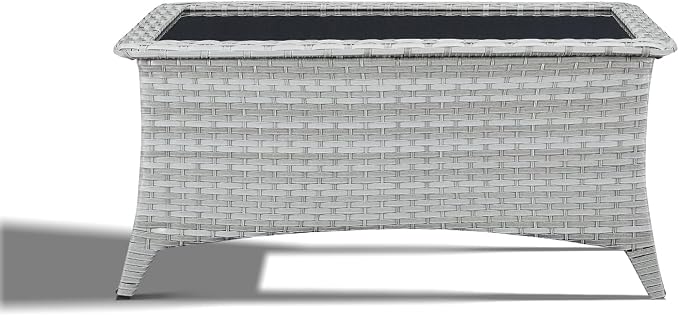Outdoor Coffee Table - Patio Rattan Wicker Coffee Table with Tempered Glass Top Outdoor Table for Deck Porch Balcony Garden - Light Grey