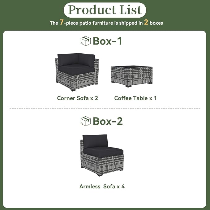 Aoxun 7 Piece Patio Furniture Set Wicker Rattan Patio Conversation Set Outdoor Sectional Sofa Set with Coffee Table and Thickened Cushions, Grey/Black