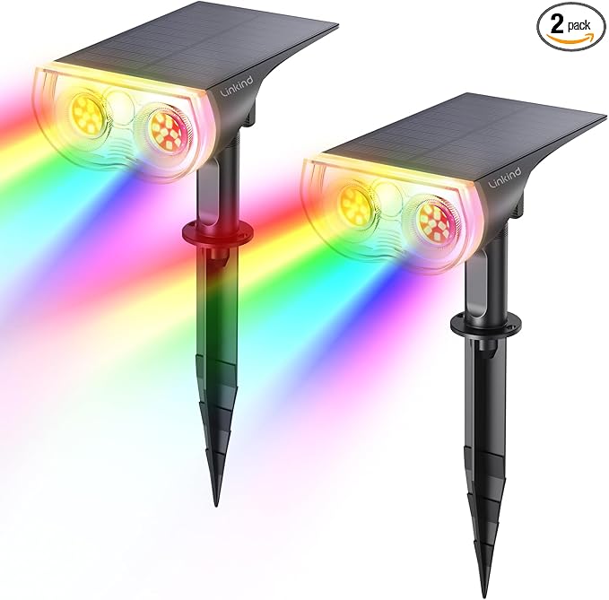 Linkind Solar Lights Outdoor Waterproof LED Landscape Spotlight RGB 2 Pack | Starray, 9 Color Changing Modes, Multicolor, Dusk to Dawn, for Holiday Decoration Patio Garden Flag Tree Lawn Pathway