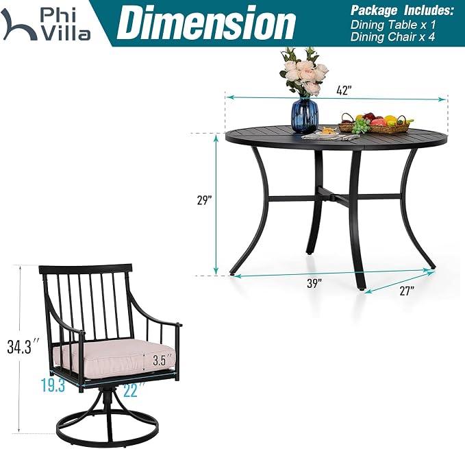 PHI VILLA Patio Dining Set, Swivel Chairs, 42" Round Metal Table | Metal chairs, 1.57" umbrella hole, 360° swivel, Cushions