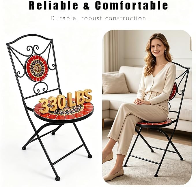 3 Piece Bistro Sets Mosaic Tile Round Table Folding Chairs Garden | Set of 3 Patio Furniture 23.6" Table and 2 Chairs Outdoor Bistro Chairs Artistic Table for Balcony Porch Apartment Backyard