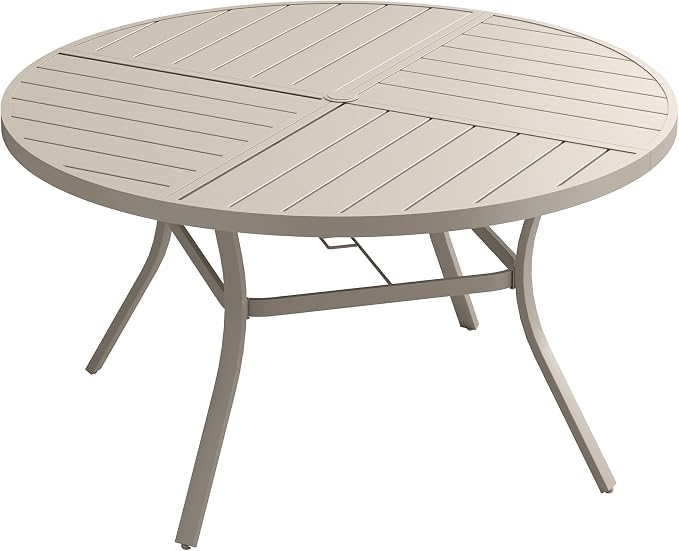 53.1" Outdoor Dining Table with Adjustable Umbrella Hole, Metal Slatted Round Patio Dining Table for Backyard Garden Deck, Sandshell