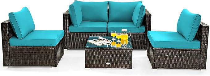 Tangkula 5 Pieces Patio Furniture Set, All Weather Wicker L-Shaped Corner Sofa Set w/Soft Cushions, Outdoor Sectional Conversation Couch Set w/Glass Table for Backyard Garden Poolside (Turquoise)
