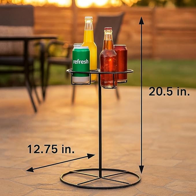 LDI Patio Furniture Metal 4 Beverage Drink Holder Table in Black - Great for Camping