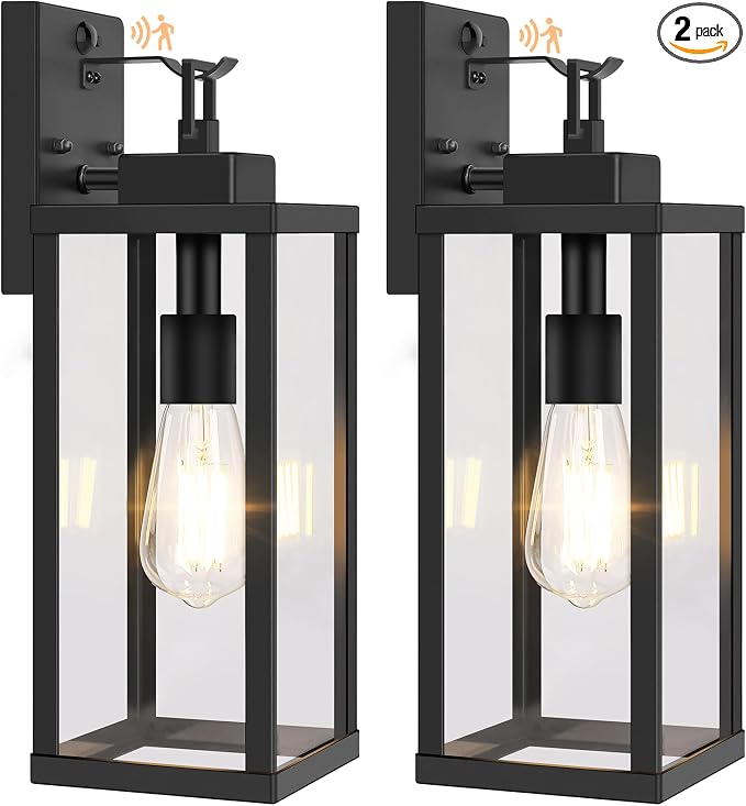 2-Pack 16” Upgraded Motion Sensor Outdoor Wall Lights, Black | Auto ON/OFF, 3 Lighting Modes, Waterproof, Rust-Resistant, Durable Metal & Clear Glass, Standard E26 Sockets, Easy to Install