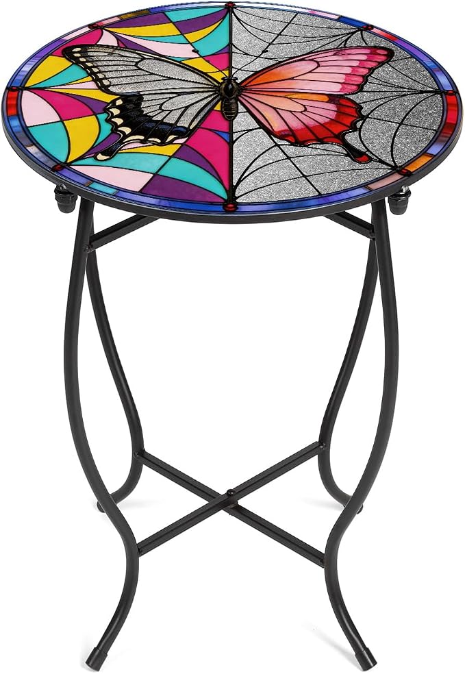 Outdoor Side Table, Indoor Outdoor Small Round Table, Weather Resistant Black Metal Side Table for Livingroom Patio Balcony Yard Porch Garden, 14” Diameter and 17” H Patio Accent Table Plant Stand
