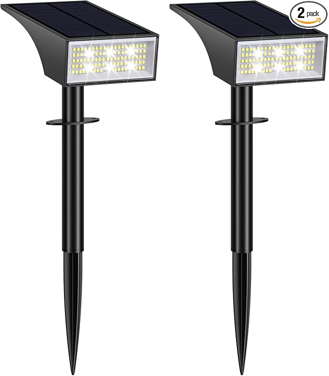 Solar Spot Lights Outdoor with 4-Level Power Display, 2 Pack Cool White | IP65 Waterproof, 4 Modes Auto On/Off,2-in-1 Mount, for Yard Garden Pathway Walkway Tree Patio Driveway
