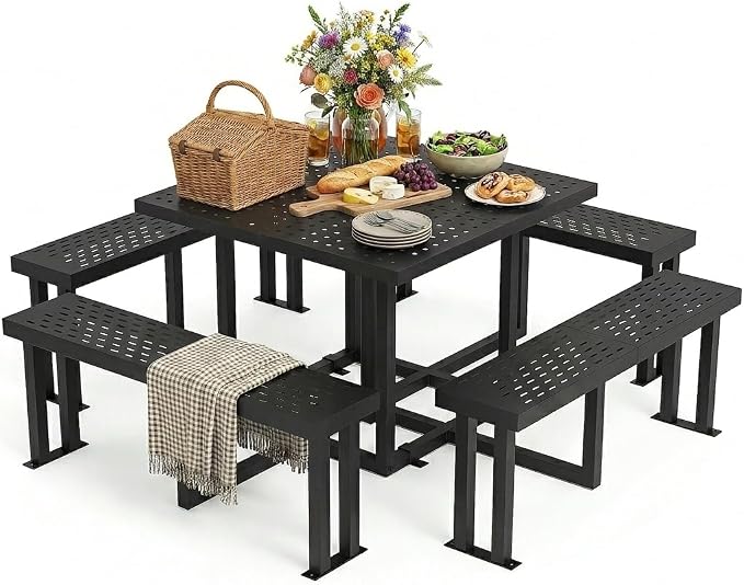 DWVO 38" Square Metal Picnic Table with Umbrella Hole - Heavy Duty Q235 Carbon Steel Outdoor Table Set for Patio, Backyard, and Lawn - Industrial Steel Construction
