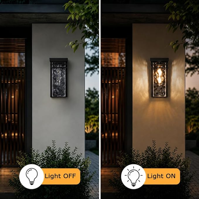 Modern Outdoor Wall Light Exterior Sconce with Dusk to Dawn | Black,Water Seeded Glass,Open Bottom,Outside Porch Lighting Fixture,E26