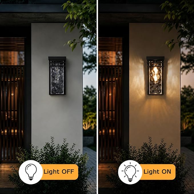 Modern Outdoor Wall Lights Fixtures Set of 2 Porch Sconce | 12 in. Water Seeded Glass,Waterproof House Exterior Lighting,Open Bottom,E26 Socket,Commercial Use