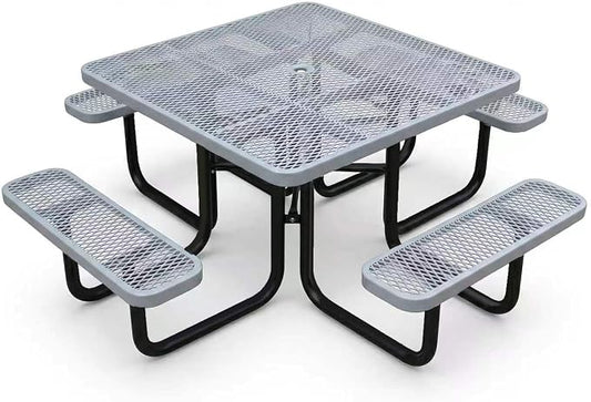 46-Inch Square Metal Outdoor Picnic Table – Commercial Heavy-Duty Steel Dining Table with Thermoplastic Coating, Weather & Rust Resistant, Ideal for Patio, Outside, Garden, Schools (Gray)