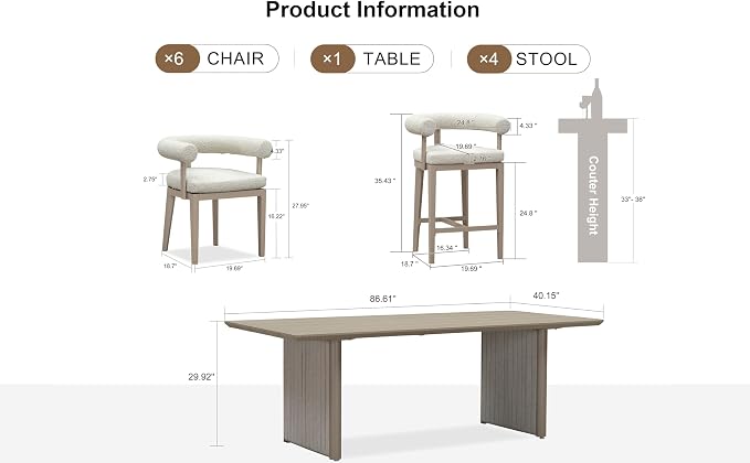 PURPLE LEAF 7 Pieces Patio Dining Set with Counter Stools, Seamless Table | Wraparound Backrests, Textured Olefin Fabric, Cushioned Armrest, Aluminum, Hand-Braided Rope Table Base, Earth-Tone Palette
