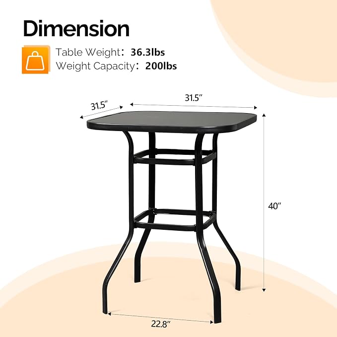 VINGLI 32" Outdoor Patio Bar Height Table, Square Tempered Glass Metal Table for Patio, Backyard, Poolside and Garden (Black)…
