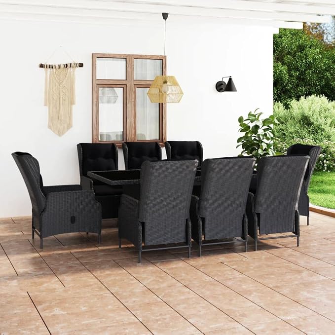 9 Piece Patio Dining Set with Cushions PE Rattan Dark Gray Outdoor Table and Reclining Chairs for Garden Balcony Powder Coated Steel