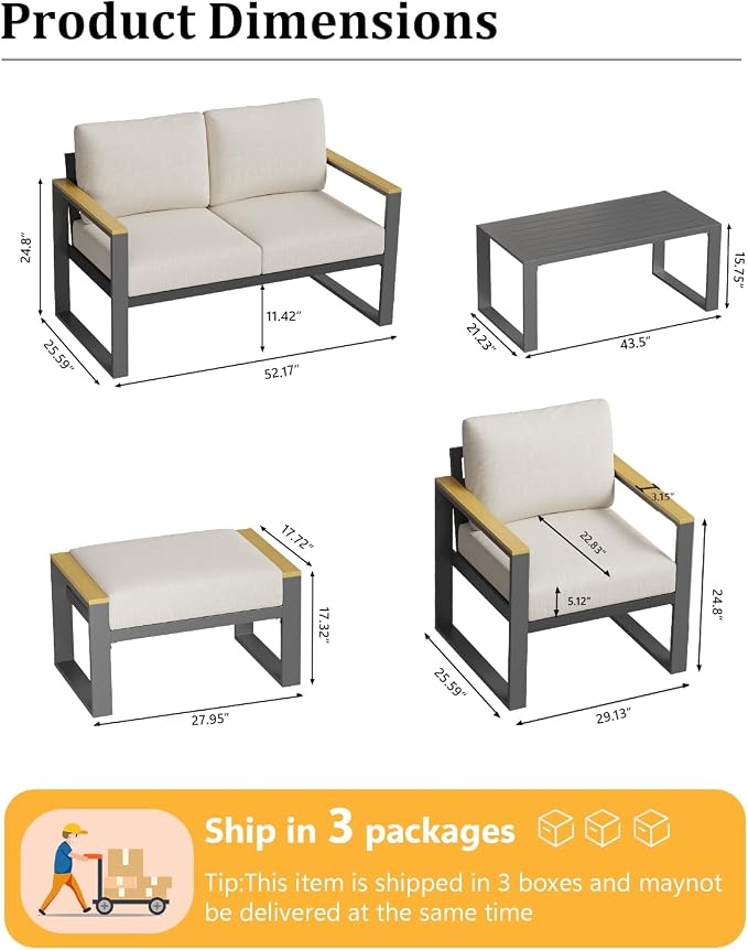 IDEALHOUSE Aluminum Patio Furniture Armchair Set of 2, Metal Outdoor Chairs with Upgraded Cushions, All-Weather Outdoor Single Sofa for Balcony, Garden, Deck, Backyard, Beige