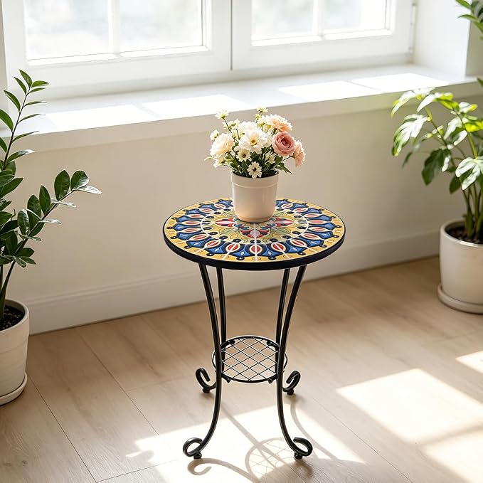 14 Inch Mosaic Patio Side Table with Scroll Legs, Indoor Outdoor Accent Round End Table with Ceramic Tile Tops for Yard, Garden, Living Room, Bistro, B - Grand Mandala