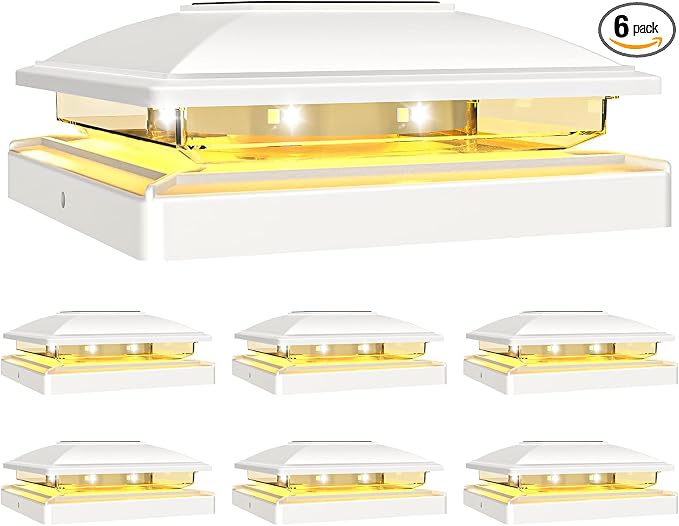 VOLISUN Solar Post Cap Light Outdoor Waterproof 6pack,Solar Fence - Post Lights for 4x4 5x5 6x6 Wooden/Vinyl Post,White Deck Post Cap Light Solar Powered with Warm White for Garden/Patio/Porch